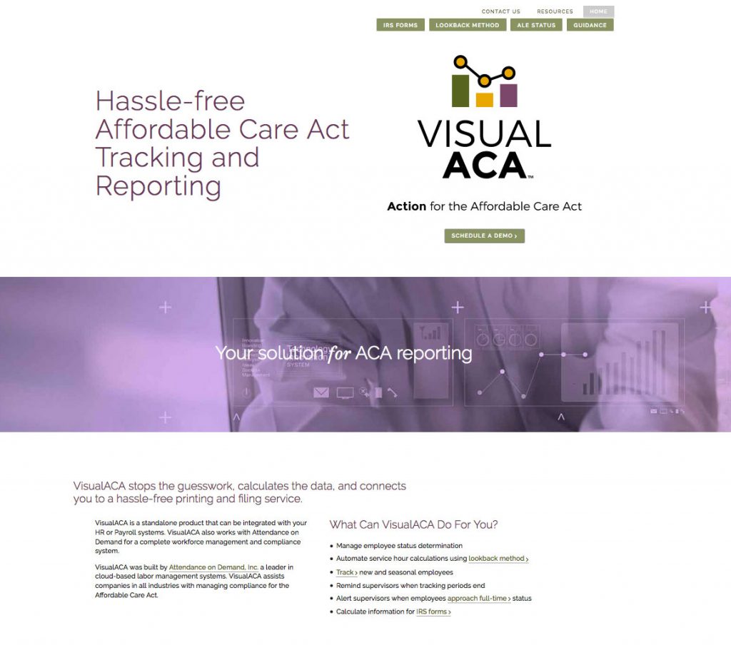 Home page with navigation, large text, and image bars separating sections