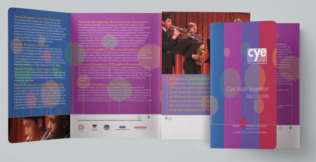 DSO civic brochure with bold stripes of color, a music line, and playful circles that are sometimes photo holders