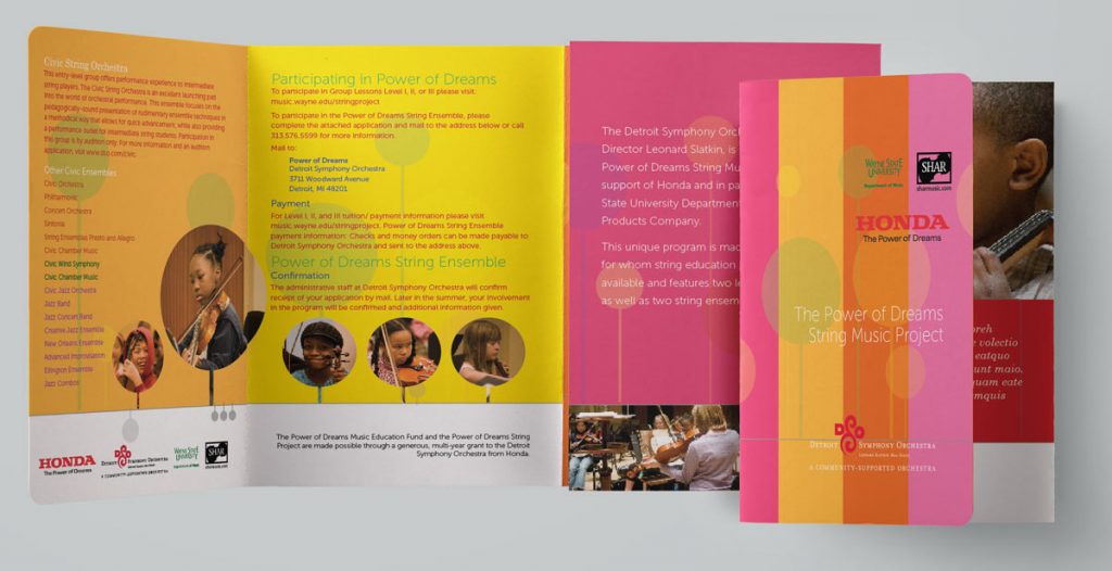 DSO civic brochure with bold stripes of color, a music line, and playful circles that are sometimes photo holders