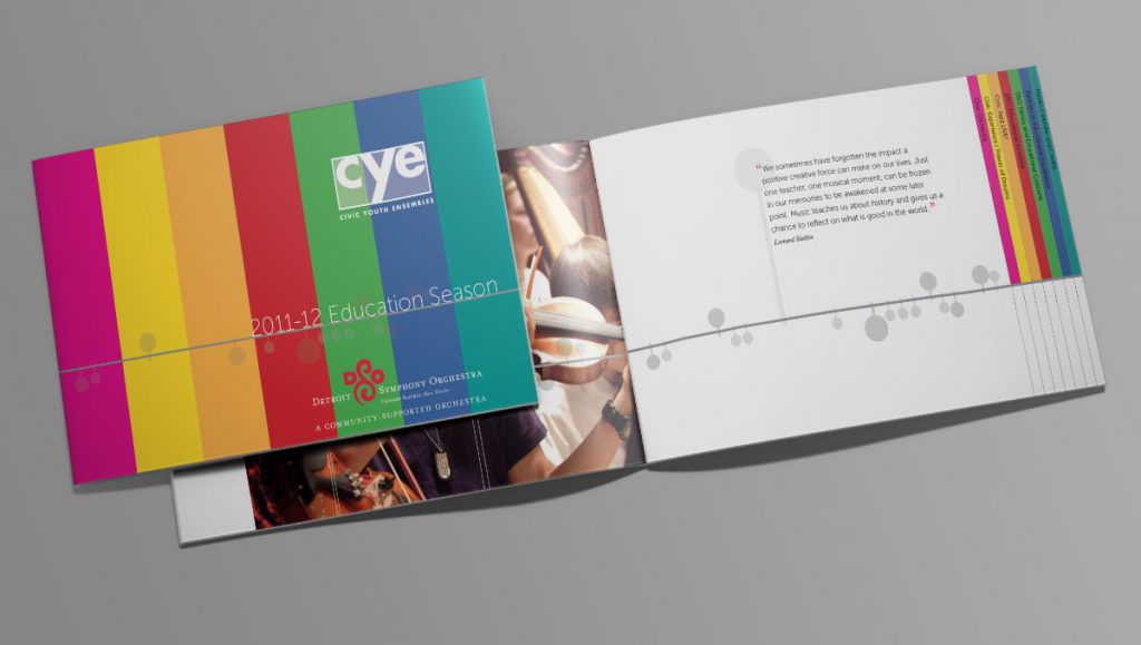 program brochure cover and inside spread showing staggered pages